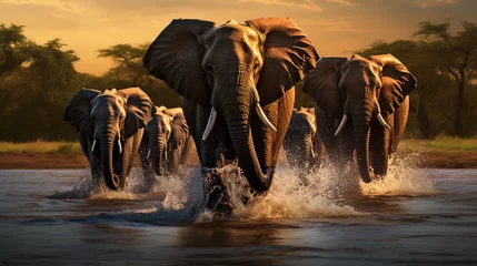 Poster Hyper - realistic digital photograph of African elephants marching through a savanna, sunset background, signifying a journey of survival, dramatic lighting © Marco Attano