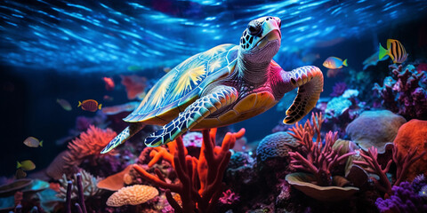 Imaginative vision of marine life in a vibrant coral reef, highlighting an endangered Hawksbill...