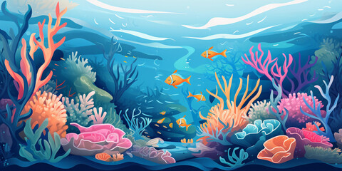 Illustrative abstract design showcasing the concept of marine life conservation, vibrant undersea environment with diverse species, trash transforming into healthy coral reefs