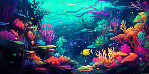 Fototapeta na wymiar Illustrative abstract design showcasing the concept of marine life conservation, vibrant undersea environment with diverse species, trash transforming into healthy coral reefs