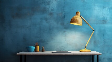 A desk lamp sitting on top of a table with blue wall as a background. Workspace concept created with Generative Ai Technology