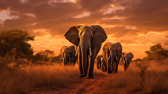 Hyper - realistic digital photograph of African elephants marching through a savanna, sunset background, signifying a journey of survival, dramatic lighting