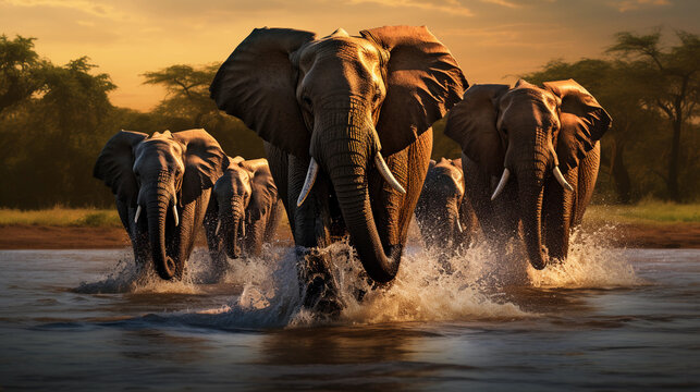 Hyper - realistic digital photograph of African elephants marching through a savanna, sunset background, signifying a journey of survival, dramatic lighting