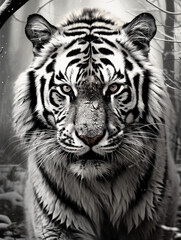 Monochrome digital sketch, an up - close portrait of a Siberian Tiger in a snowy forest, highlighting the intensity in its eyes, strong contrast, detailed fur, hand - drawn sketch effect
