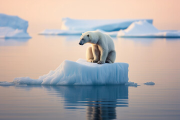 Poignant image of a lonely polar bear on a tiny iceberg, melting arctic, clear, blue, vast ocean around - obrazy, fototapety, plakaty