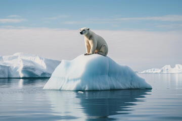 Fototapeta premium Poignant image of a lonely polar bear on a tiny iceberg, melting arctic, clear, blue, vast ocean around
