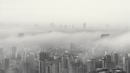 Pollution concept, cityscape covered in dense smog, monochromatic, suffocating atmosphere, shot from a high angle