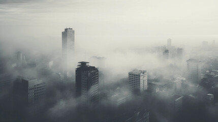 Fototapeta na wymiar Pollution concept, cityscape covered in dense smog, monochromatic, suffocating atmosphere, shot from a high angle