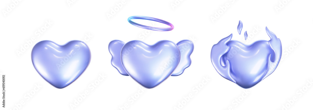 Canvas Prints 3d holographic hearts in y2k style set isolated on a white background. render of 3d iridescent chrom