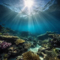 Foto op Aluminium Stunning underwater coral reef, teeming with diverse, colorful marine life, crystal clear turquoise water, sunbeams filtering through © Marco Attano
