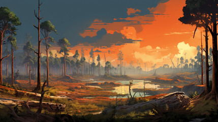 Stylized digital painting of a deforestation scene transitioning into a thriving, reforested landscape filled with wildlife, vibrant contrasting colors, highlighting conservation efforts