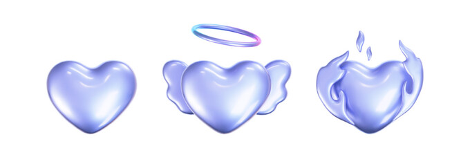 3d holographic hearts in y2k style set isolated on a white background. Render of 3d iridescent chrome hearts with fire flame, angel wings and rainbow gradient effect. 3d vector y2k illustration.
