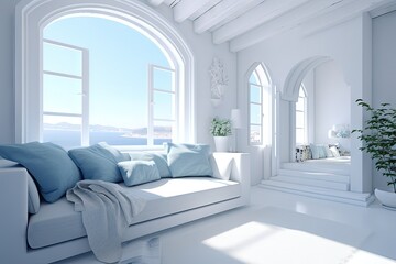 Fototapeta na wymiar Luxury apartment terrace Santorini Interior of modern living room sofa or couch with beautiful sea view, created with Generative Ai Technology