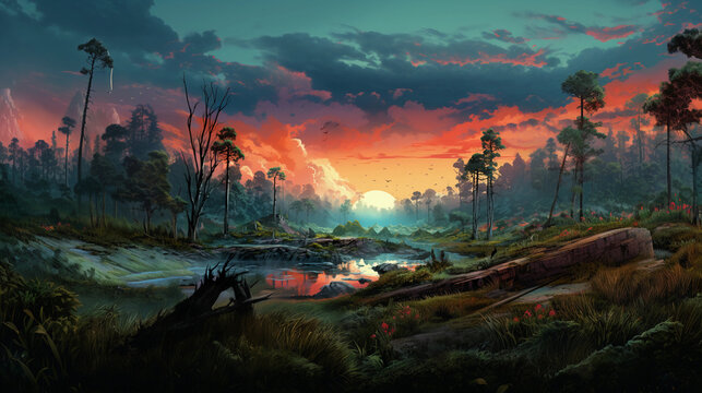 Stylized digital painting of a deforestation scene transitioning into a thriving, reforested landscape filled with wildlife, vibrant contrasting colors, highlighting conservation efforts