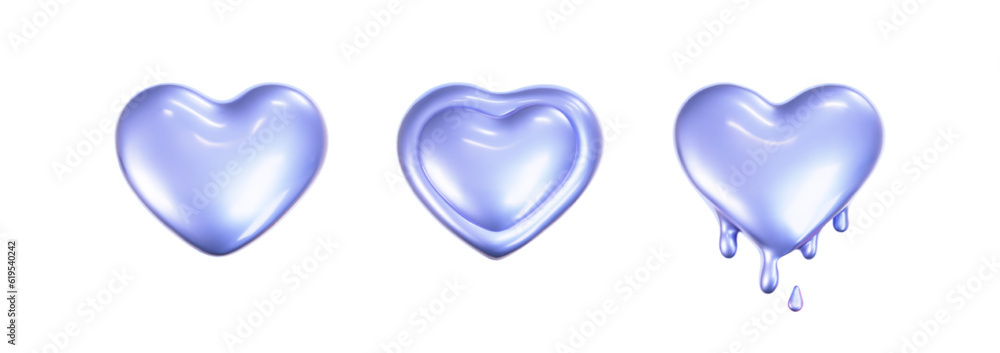 Wall mural 3d holographic hearts in y2k style set isolated on a white background. render of 3d iridescent chrom