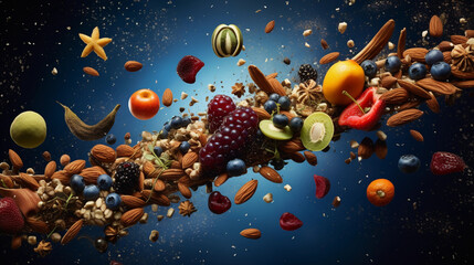 Surrealistic image of superfoods orbiting in space, floating blueberries, spinning almonds, and...