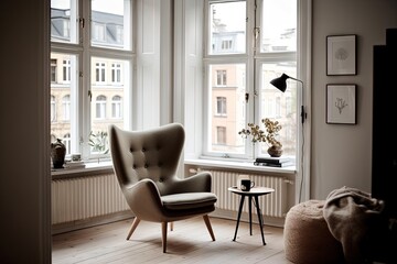 Scandinavian Minimalist Living Room with Natural Light and Elegant chair, created with Generative Ai Technology