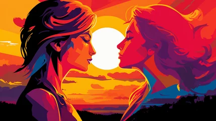 Two women in love, illustrated in bold pop art style, vibrant colors, romantic sunset background, holding hands, strong outlines, energetic expressions, LGBTQ + representation © Marco Attano