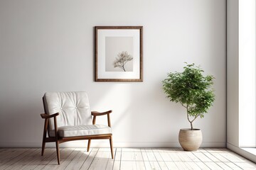 Scandinavian Minimalist Living Room Photo frame with Natural Light and Elegant chair, created with Generative Ai Technology