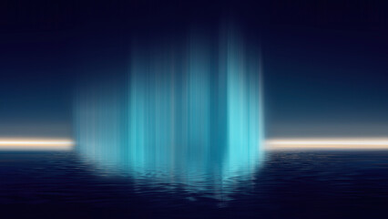 Obraz premium Dark abstract futuristic landscape, blue neon, reflection in the water.