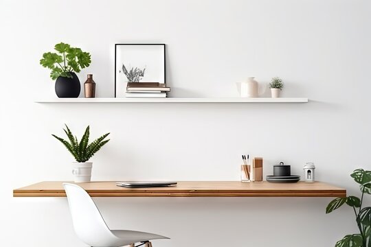 Empty desk with simple office things. Creative workspace with white wall, created with Generative Ai Technology