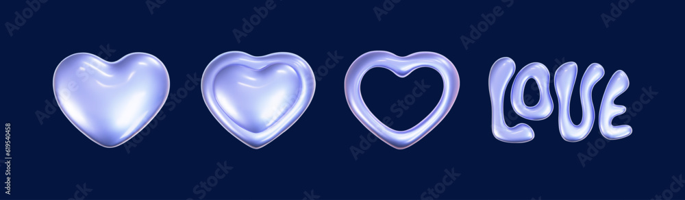 Wall mural 3d holographic hearts in y2k style set isolated on a dark background. render of 3d iridescent chrome