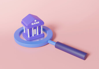 3D isometric magnifier search bank building icon. interest deposit business investment finance concept. money transaction security. minimal cartoon on pink background. 3d rendering illustration.