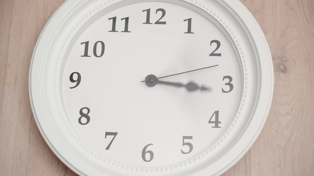 Large white clocks on a wooden wall, they are moving quickly forward. Timelaps