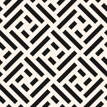 Abstract geometric seamless pattern. Stylish ornament with lines, squares, diagonal grid, repeat tiles. Simple black and white geo texture. Modern geometrical background. Design for decor, print, wrap