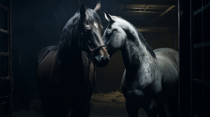 A Pair of Two Horses Nuzzling and Cuddling Face to Face in a Barn with Dramatic Lighting - Generative AI