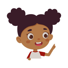Cute little kid girl with great idea. Template for children design. Cartoon schoolgirl character show facial expression. Vector illustration