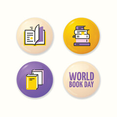World Book Day Concept Realistic Detailed 3d Different Badges Pin Button with Thin Lines Elements Set. Vector illustration