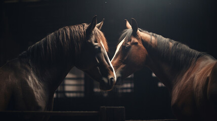 A Pair of Two Horses Nuzzling and Cuddling Face to Face in the Stables of a Barn with Dramatic Lighting - Generative AI - obrazy, fototapety, plakaty