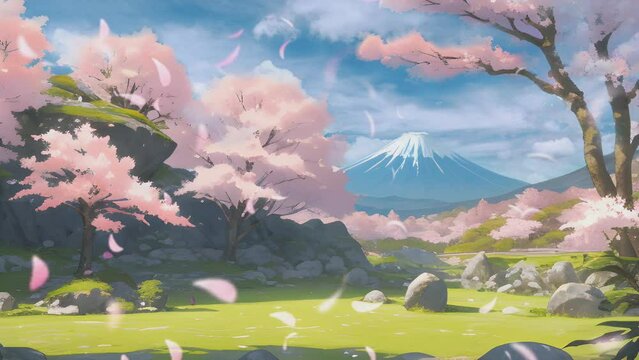 Beautiful fantasy spring nature landscape and cherry blossom tree animated background in Japanese anime watercolor painting illustration style. seamless looping video animated virtual background.