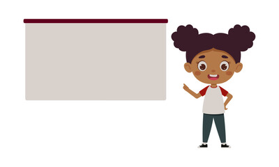 Cute little girl points his finger at the empty board. Template for children design. Cartoon schoolgirl character. Vector illustration