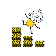Failed man falling down from golden stack coins. Business failure, economic recession, investment loss, crisis or crash, stock market falling down, investing risk concept. Vector stock illustration