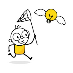 Man try to catch flying bright lightbulb. Idea generation and creativity concept. Vector stock illustration
