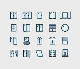 Glass Window Sign Color Thin Line Icon Set. Vector illustration of Windows Pane with Frame for House and Office Icons
