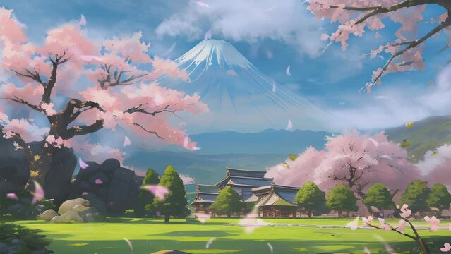 Beautiful fantasy spring nature landscape and  fall cherry blossom tree animated in Japanese anime watercolor painting illustration style. seamless looping video animated virtual background.