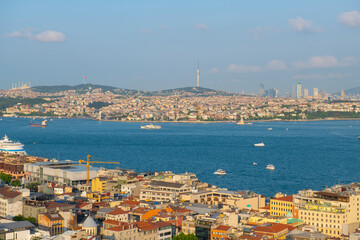 Beyoglu historic district aerial view with Uskudar district in Asia side across Bosphorus Strait, photo viewed from top of Galata Tower in historic city of Istanbul, Turkey. 