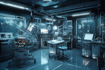 Medicine in Future. Nanotechnology hologram innovation, genetic engineering. Operating Doctor anatomy on robotic surgery machine virtual interface, robotic surgery are precision,