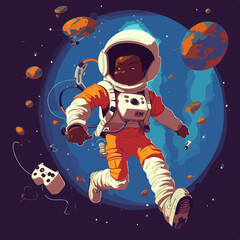 Vector illustration of a astronaut black child in space with planet isolated on dark background.