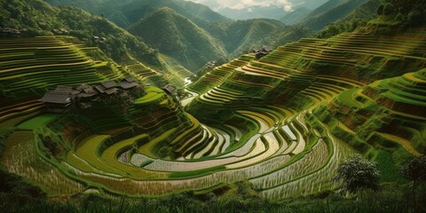 An aerial view of a vast and lush rice field - obrazy, fototapety, plakaty