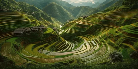 Tuinposter An aerial view of a vast and lush rice field © Sven