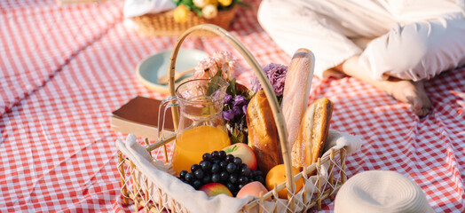 Picnic Lunch Meal Outdoors Park with food picnic basket. enjoying picnic time in park nature outdoor