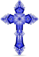 An illustration in the style of a stained glass window with a bright Christian cross, isolated on a white background, tone blue