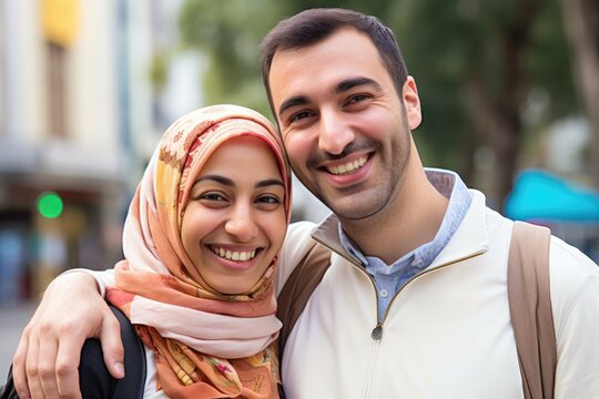 Happy Middle eastern smiling couple posing in a city street 