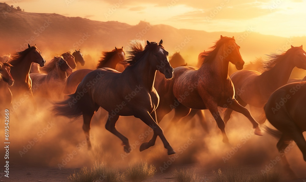 Wall mural a herd of horses running across a dusty field at sunset. generative ai - Wall murals