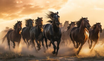  a herd of horses running across a dry grass field under a cloudy sky.  generative ai - obrazy, fototapety, plakaty