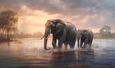  a couple of elephants walking across a river under a cloudy sky.  generative ai